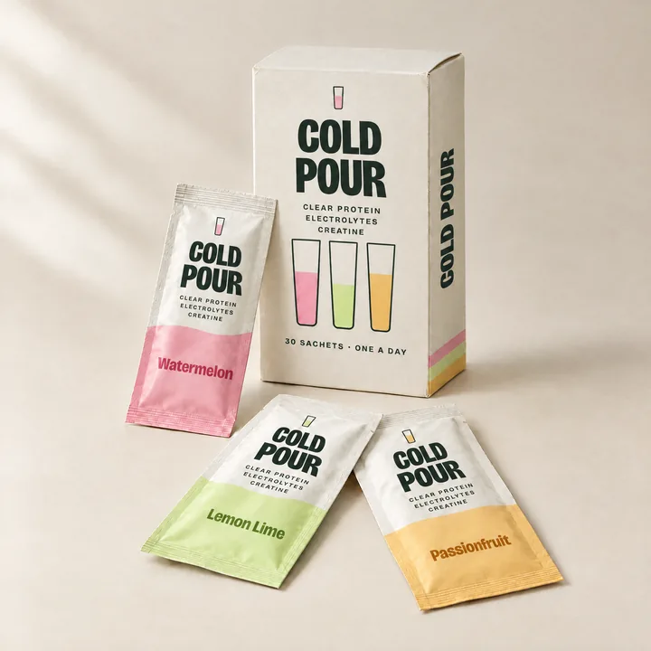 Concept render of a Cold Pour box of 30 sachets, one a day, with a Watermelon, Lemon Lime and Passionfruit sachet