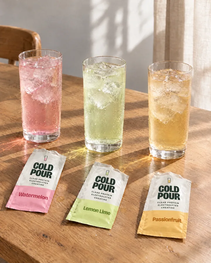 Concept render of three iced glasses and sachets in the planned flavours