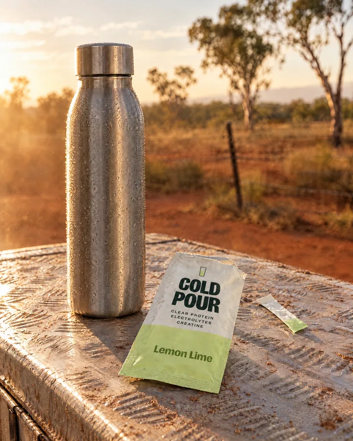 Concept render of a Lemon Lime sachet and a steel bottle on a ute tray at sunset