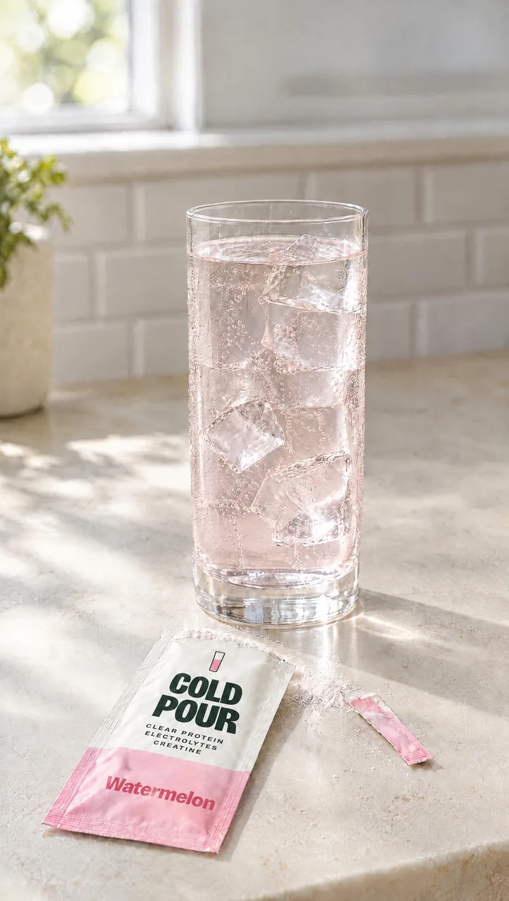 Concept render of a tall iced glass and an empty Watermelon sachet